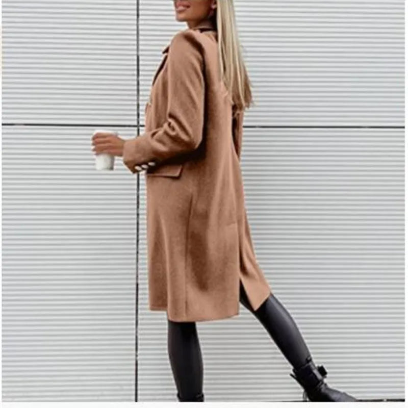 legante Wolljacke mit Revers & Zweireiher-Design – Langer Mantel für Damen